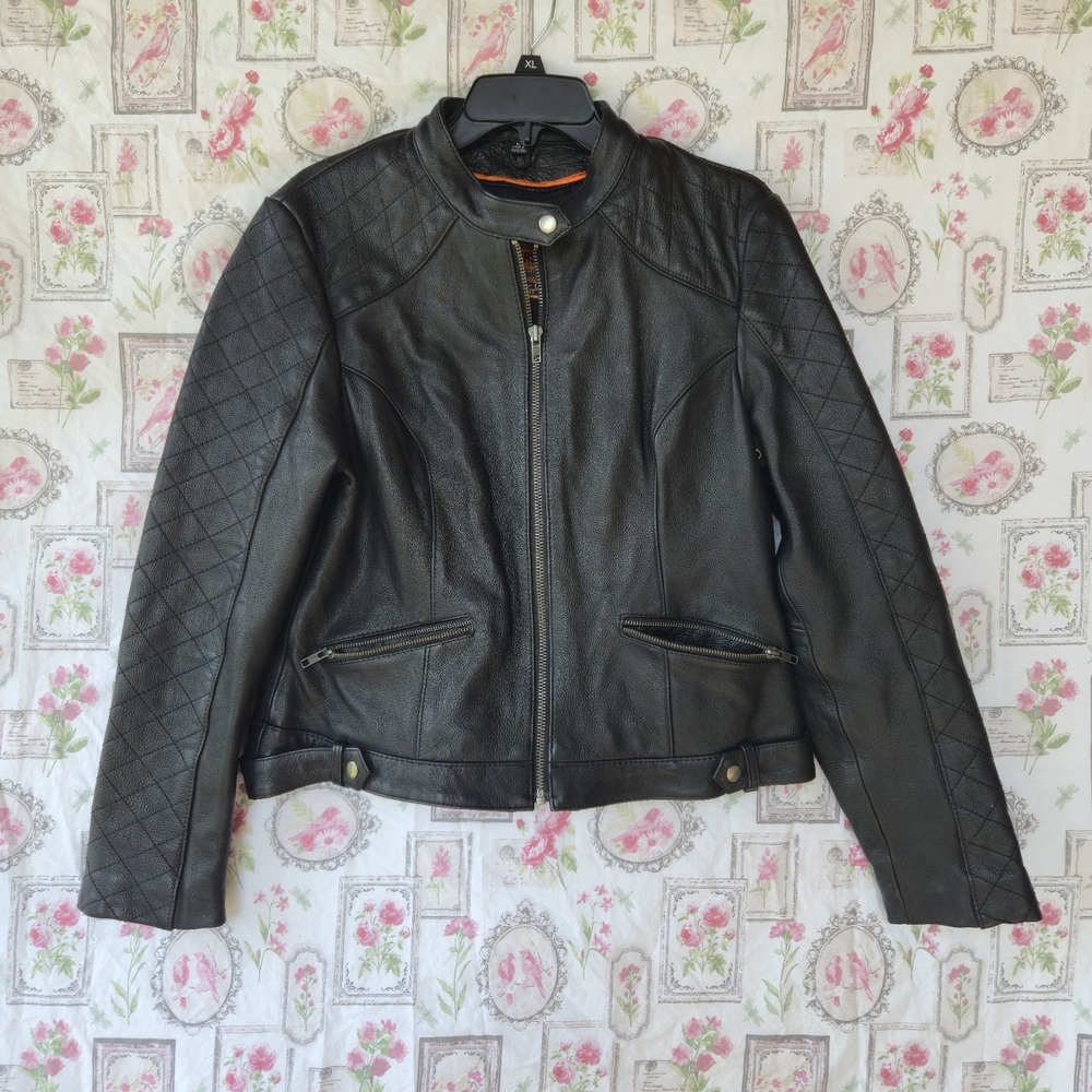 First Classics Womens L Black Leather Motorcycle Jacket Quilted Sleeve Biker